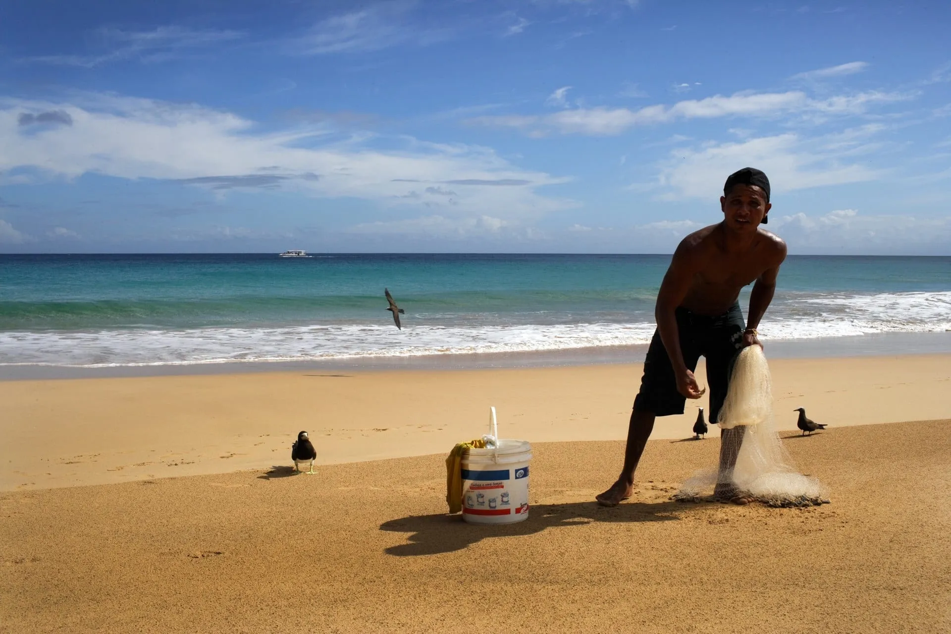 Ein Mann formt am Strand eine Sandskulptur, Möwen und Wellen im Hintergrund.